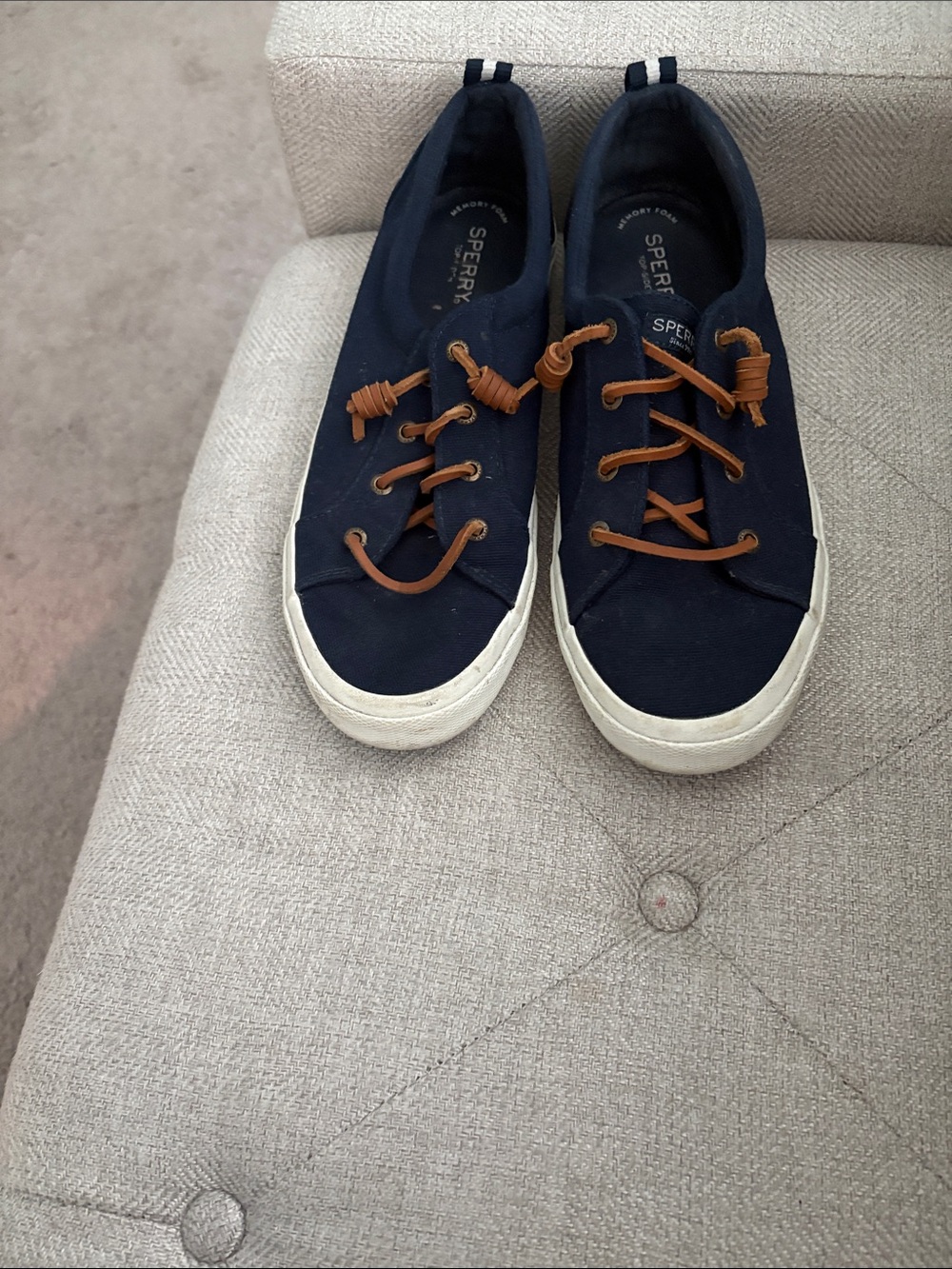 Sperry Navy Canvas Boat Shoes with Brown Laces